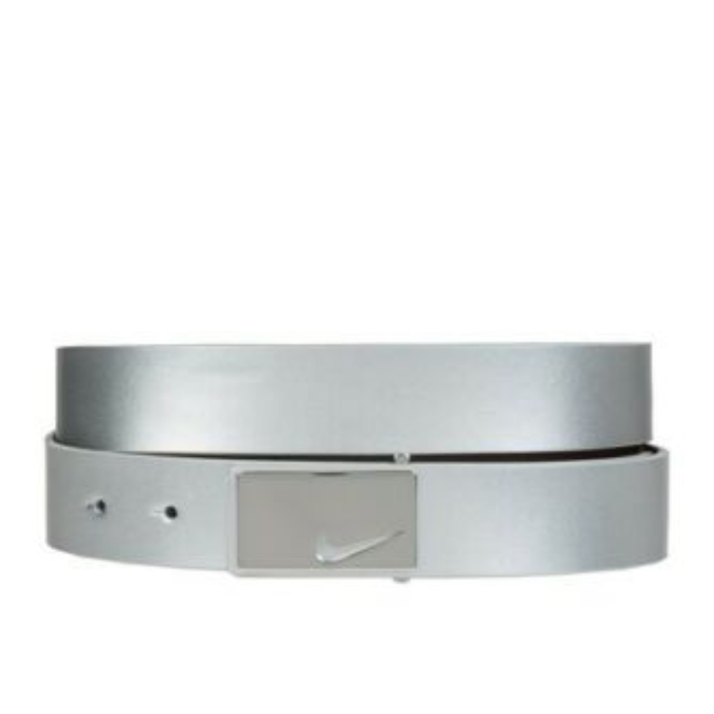 NEW NIKE SLEEK MODERN PLAQUE LEATHER BELT SILVER L